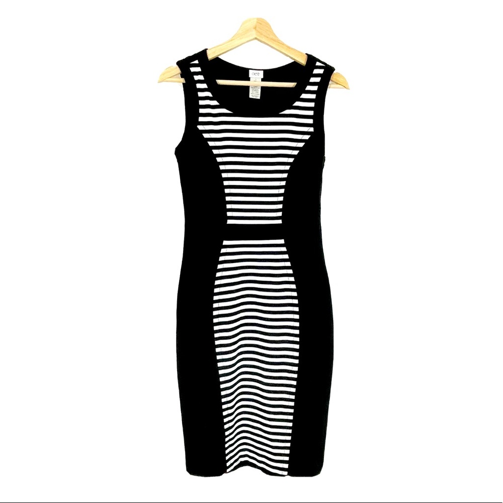 Cache Striped Colorblock Sheath Midi Dress Sleeveless Black White Sz 2